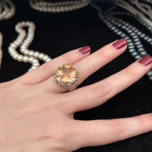 Silver and gold cocktail ring fancy brown center stone - size 6